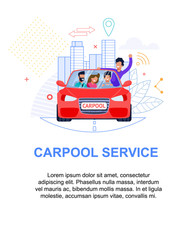 Carpool Service Banner. Red Car with People. Flat