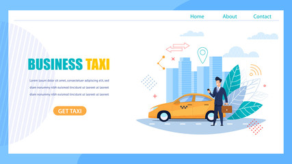 Business Taxi Landing Page. Man Waiting for Car.