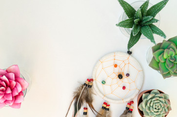 Dream catcher with feathers on a white background with place for text.