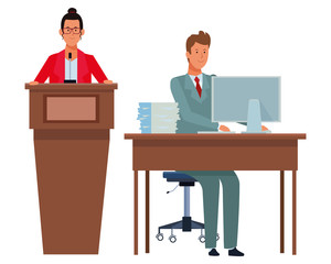 couple in a podium and office desk