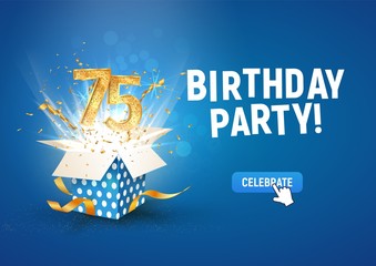 75 th years anniversary banner with open burst gift box. Template seventy five birthday celebration and abstract text on blue background vector Illustration