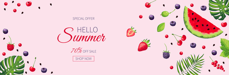 Vector gorizontal banner. Raspberry, cherry, strawberry, currant, watermelon on the pink background. Design for sweets and pastries filled with berry, candy, dessert menu, health care products.