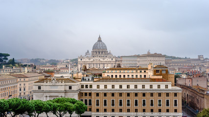 Rome, Italy, Panorama of Rome and view at St. Peter's Basilica, Vatican, view from Angel Castle, Castel Sant'Angelo.