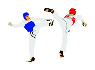 Fototapeta na wymiar Fight between two taekwondo fighters vector illustration isolated. Sparring on training action. Self defense skills exercising concept. Warriors in the martial arts battle. Combat competition. 