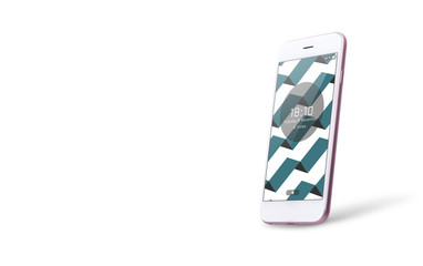 Man holds a tablet and looks at the screen. Mobile development. Innovational online businesses. Internet technologies. Trendy design. Geometry. Fashionable vibrant colors. Using a device. UX and UI.