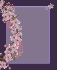 Purple Sakura Blossom Wreath with Empty Text Space. Flower Decorated Template for Print, Banner, Greeting Card, Invitation etc.