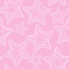 Seamless pattern with hand drawn star. Five-pointed white stars on a pink background.