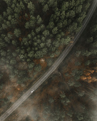 Aerial upside view at autumn forest road in cloudy foggy weather with car passing by.