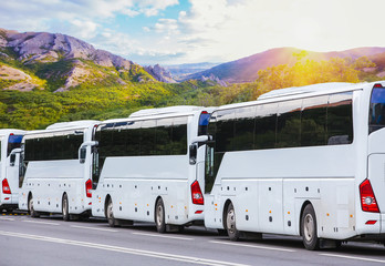 tourist buses on the background of the mountain landscape
