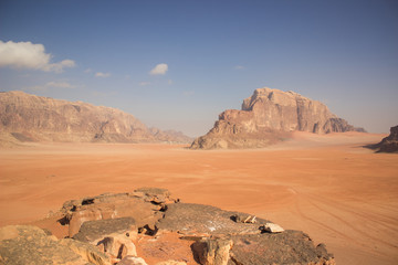 desert landscape big sand valley surrounded by picturesque bare rocky mountains travel photography...