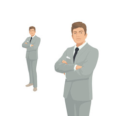 Elegant businessman. Man in gray suit, brown eyes, red hair. Isolated vector on white. Standing Person. People character. Business, success. Portrait of Full length. Lawyer, Boss, CEO. Front view man.