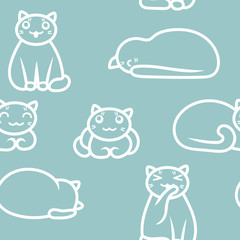 Cute seamless pattern. Outline of cats in kawaii style