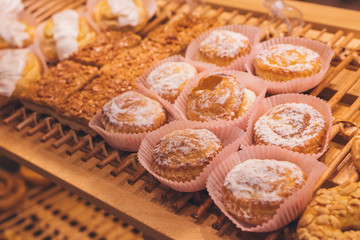 Closeup of bakery products in the restaurant, Russia, Moscow. Food background.