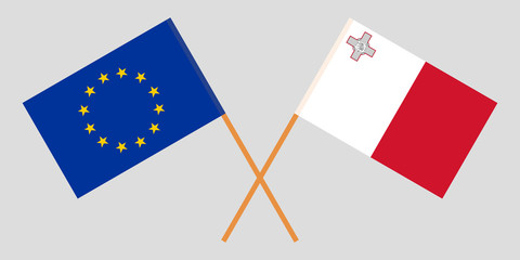 Malta and EU. The Maltese and European flags. Official colors. Correct proportion. Vector illustration