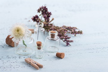 Obraz na płótnie Canvas Dry herbs, flowers in small bottles