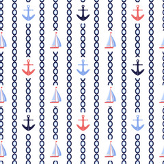 Anchors and sailboats nautical vector seamless pattern background. Marine design in blue, coral, white, and navy blue colors for coastal style projects, fabric, packaging.