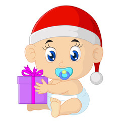 Cartoon baby in christmas with santa hat