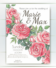 Vector delicate invitation with roses and leaves for wedding, marriage, bridal, birthday, Valentine's day. Beautiful flower composition.  Summer composition. 