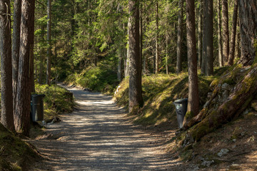 Eibsee, Germany, March 31, 2019: trash can next to the seeweg loop track. The trash cans are spread all over the place to keep it clean