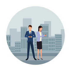 Businessman and businesswoman using smartphone