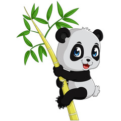 vector illustration of cute baby panda tree climbing bamboo