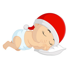 Cartoon baby sleeping with santa hat in christmas