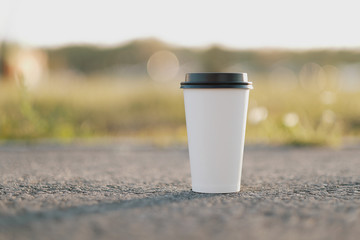 White paper cup of coffee with a lid on the ground, asphalt. Summer day, rays and flare from the sun. Warm tonality of colors.
