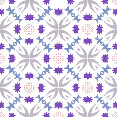 Funky vector geometric repeating pattern with purple, pink and grey shapes on a white background.