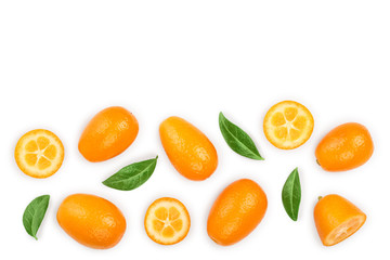 Cumquat or kumquat with half isolated on white background with copy space for your text. Top view. Flat lay