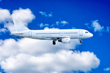 Fototapeta premium Big jet flying on background of cloudy blue sky.