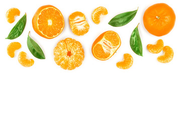 tangerine or mandarin with leaves isolated on white background with copy space for your text. Top view. Flat lay