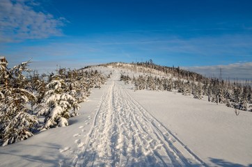 Fototapeta na wymiar Beautiful winter mountain landscape. White snow trail in the mountains and blue sky.