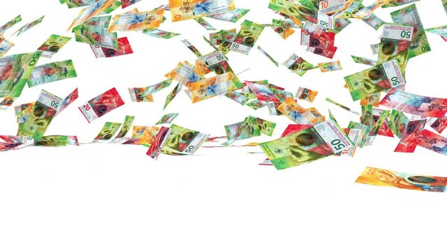 3D rendering of a computer generated animation showing a large number of banknotes of 10, 20 and 50 Swiss Francs falling onto a virtual floor. On white background, followed by alpha matte.