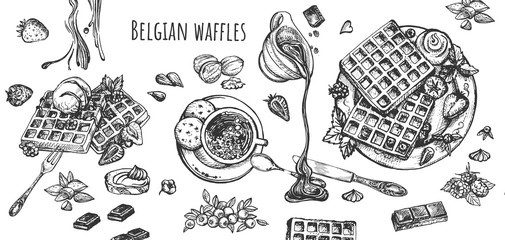 Belgian waffles with fruits and sweet drinks set - obrazy, fototapety, plakaty