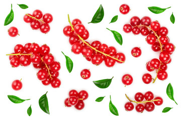 Red currant berry with leaf isolated on white background. Top view. Flat lay pattern