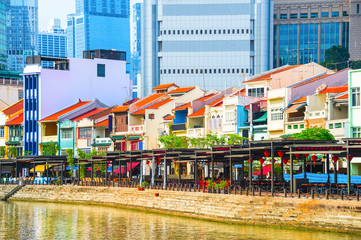 Singapore cityscape, Boat Quay restaurants - obrazy, fototapety, plakaty