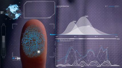 Person accessing a hologram with a fingerprint. Man, access to a modern hologram of a personal database with the discovery of fingerprint identification. Concept: Science, Car, Hologram, Viruses, DNA.