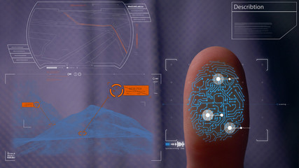Person accessing a hologram with a fingerprint. Man, access to a modern hologram of a personal database with the discovery of fingerprint identification. Concept: Science, Car, Hologram, Viruses, DNA.
