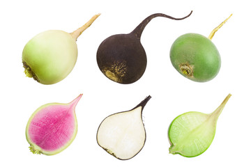 Black red and green radish with half isolated on white background. Top view. Flat lay. Set or collection