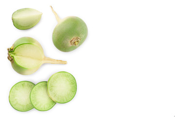 green radish with slices isolated on white background with copy space for your text. Top view. Flat lay