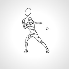 Tennis player female stylized outline vector silhouette