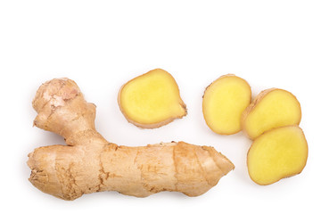 fresh Ginger root and slice isolated on white background with copy space for your text. Top view. Flat lay