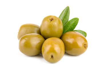 Green olives with leaves isolated on a white background