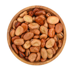 brown kidney bean in wooden bowl isolated on white background. Top view. Flat lay