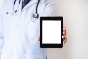 Doctor holding mobile phone , E-Health concept, Health concept, white screen