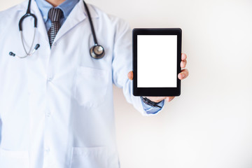 Doctor holding mobile phone , E-Health concept, Health concept, white screen