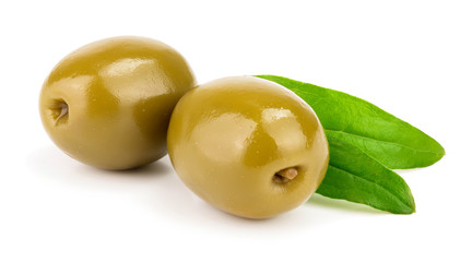 Green olives with leaves isolated on a white background