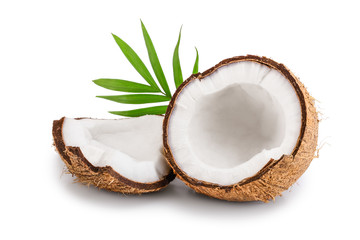 half of coconut with leaves isolated on white background - obrazy, fototapety, plakaty