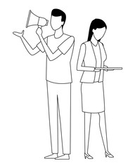 Coworkers teamwork cartoon in black and white
