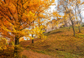 Autumn landscape with ruin of medieval castle The Povazsky hrad, Slovakia, Europe.
